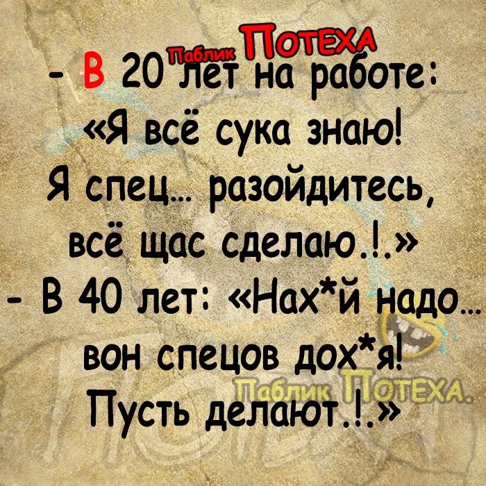 В готатда ра оте Я всё сука знаю Я спец разойдитесь всё щас сделаю В 40 лет Нох и надо вон спецов дох яЁ Пусть делают