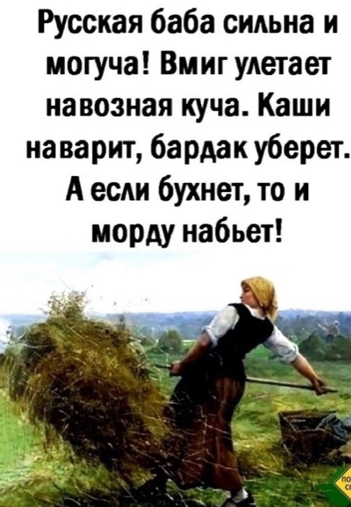 Русская баба сильна и могуча Вмиг улетает на возная куча Каши на варит бардак уберет А если бухнет то и морду набьет