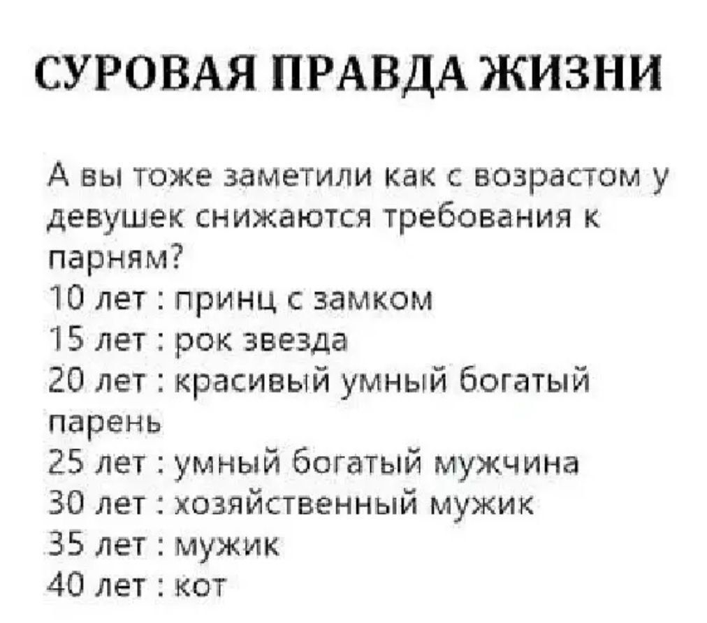 СУРОВАЯ ПРАВДА ЖИЗНИ А вы тоже заметили как с возрастом у девушек снижаются требования к парням 10 лет принц замком 15 лет рок звезда 20 лет красивый умный богатый парень 25 лет умный богатый мужчина 30 лет хозяйственный мужик 35 лет мужик 40 лет кот