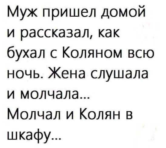 Муж пришел домой и рассказал как бухал с Коляном всю ночь Жена слушала и молчала Молчал и Колян в шкафу