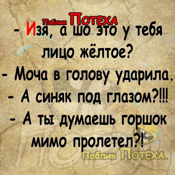 Изт у тебя _ лицо жёлтое Моча в голову ударила А синяк под глазом А ты думаешь горшок мимо пролетел _э ТР 3 Ы ЛэйЛ