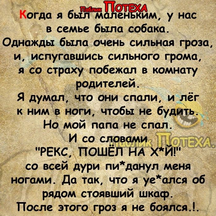 когда я 6дщ у нас в семье была собака Однажды была очень сильная гроза и испугавшись сильного грома я со страху побежал в компату родителей Я думалчто они спали и лёг ним в ноги чтобы не будни Но мой папа не спал И со словами рекс пошёл НА со всей дури пи данул меня ногами да так что я удался об рядом стоявший шкаф После этого _гроз я не болта