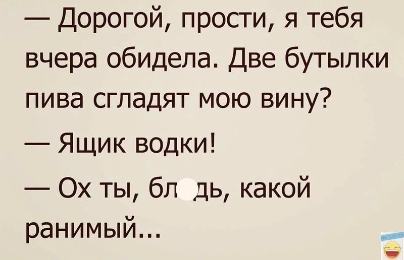 Дорогой прости я тебя вчера обидела Две бутылки пива сгладят мою вину Ящик водки Ох ты бп дь какой ранимый