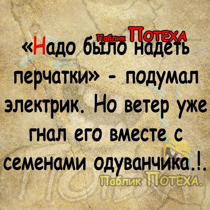 Надо бЁЙЪЧЁЁЁ перчатки подумал электрик Но ветер уже гнал его вместе с семенами одуванчики Сні