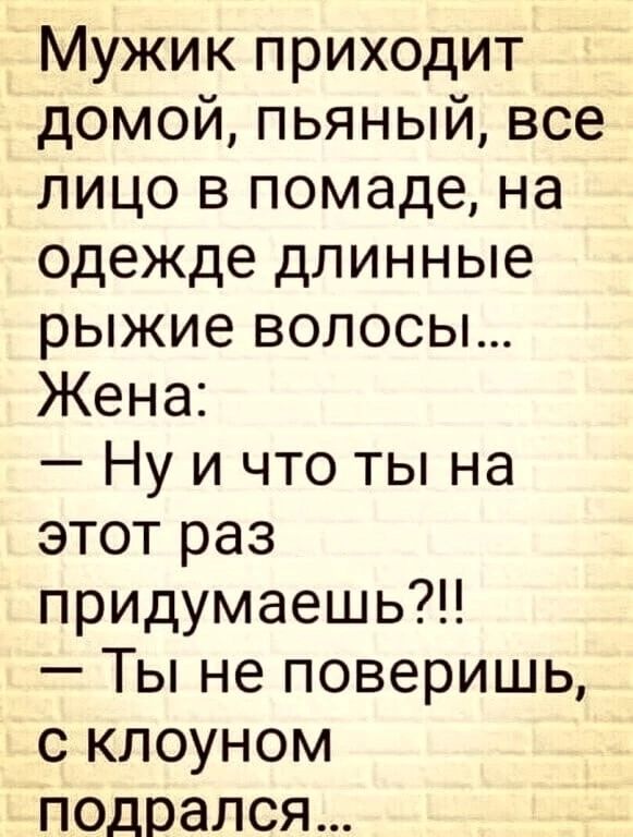 Мужик приходит домой пьяный все лицо в помаде на одежде длинные рыжие волосы Жена Ну и что ты на этот раз придумаешь Ты не поверишь с клоуном подрался