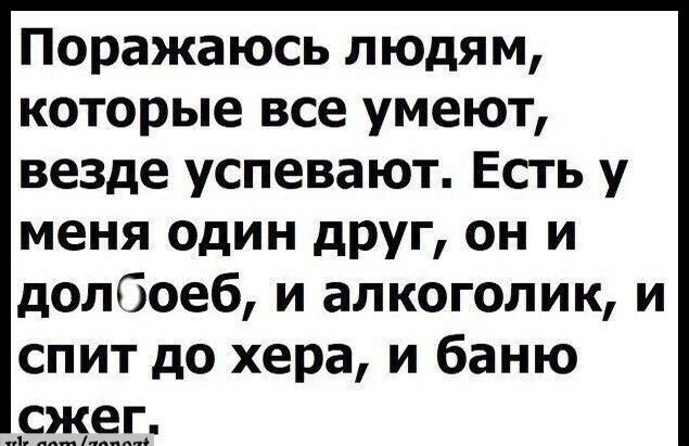 Поражаюсь людям которые все умеют везде успевают Есть у меня один дРУг он и долбоеб и алкоголик и спит до хера и баню сжег вотим