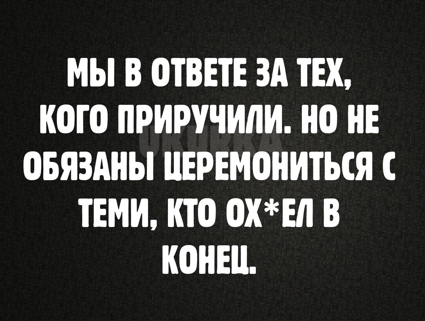 МЫ В ОТВЕТ ЗА ТЕХ КОГО ПРИРУЧИЛИ НО НЕ ОБЯЗАНЫ ПЕРЕМОНИТЬСЯ ТЕМИ КТО ОХЕ В КОНЕЦ