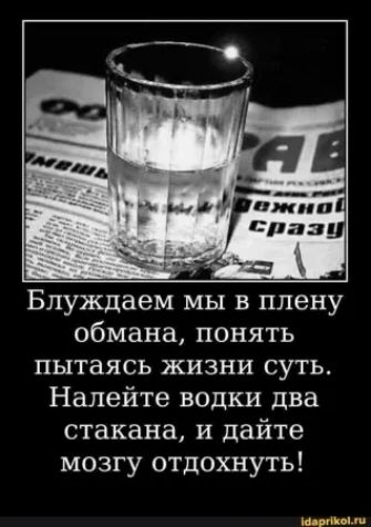 Блуждаем мы в плену обмана понять пытаясь жизни суть Налейте водки два стакана и дайте мозгу отдохнуть ницы