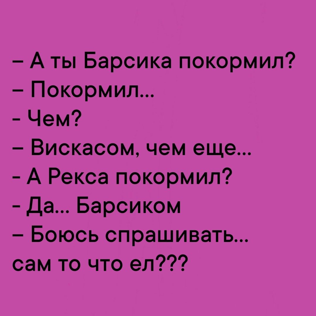 А ты Барсика покормил Покормил Чем Вискасом чем еще А Рекса покормил Да Барсиком Боюсь спрашивать сам то что ел