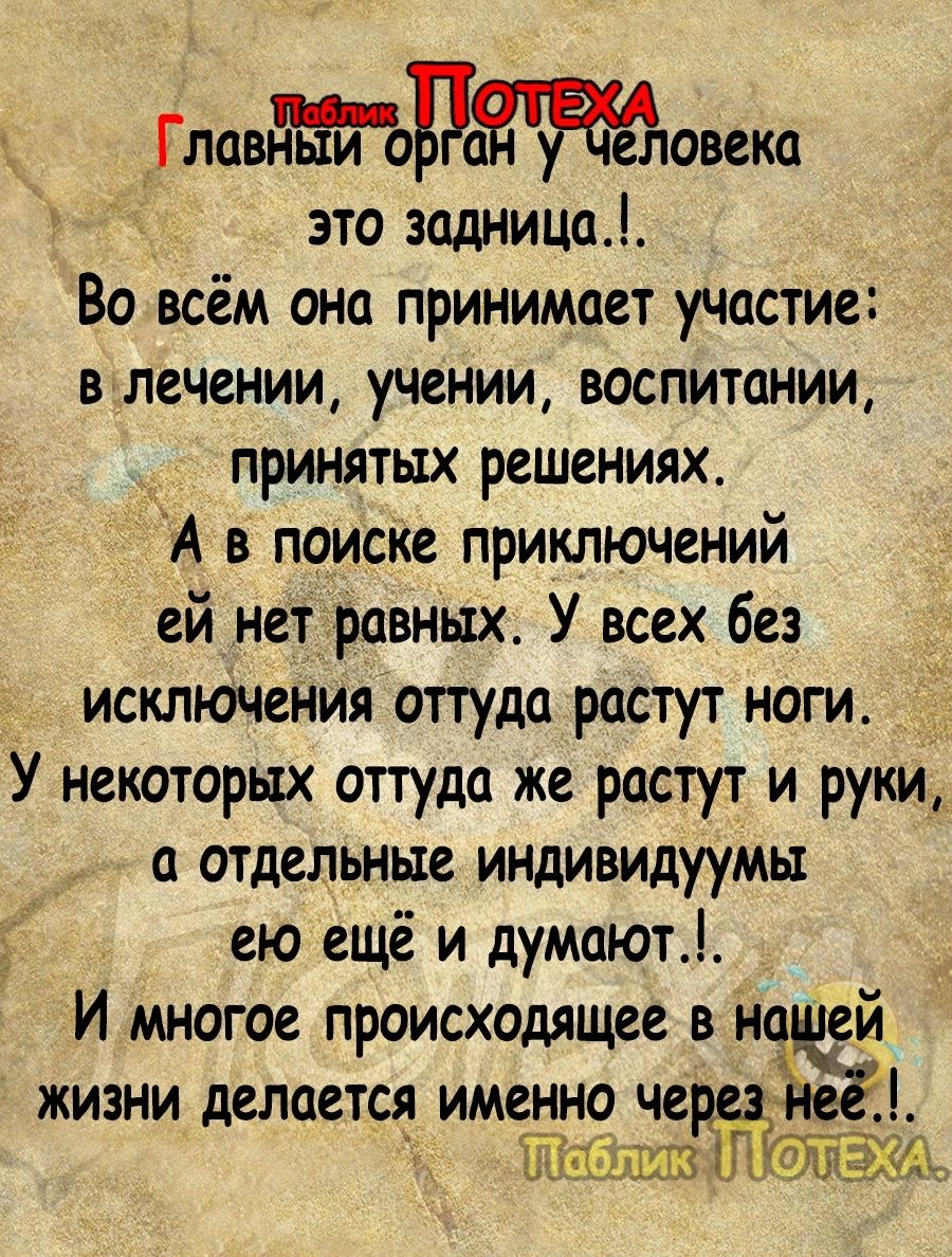 _ ГлавнЁЁяшоггае іаееповека это задница Во всём она принимает участие в лечении учении воспитании принятых решениях А в поиске приключений ей нет равных У всех без исключения оггуда растут ноги У некоторых оттуда же растут и руки а отдельные индивидуумы ею ещё и думают И многое происходящее в наче жизни делается именно чер Ёша _ А Шиш ь