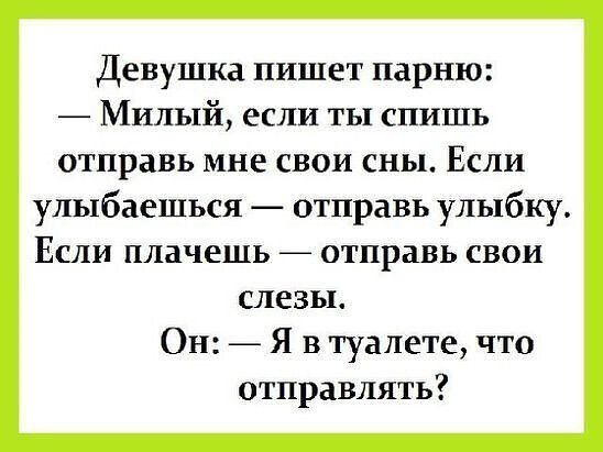 Девушка пишет парню Милый если ты спишь отправь мне свои сны Если улыбаешься отправь улыбку Если плачешь отправь свои слезы Он Я в туалете что отправлять