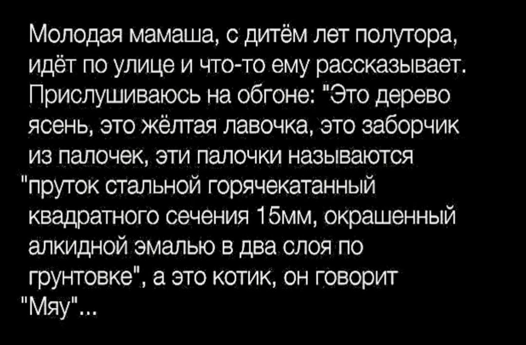 Молодая мамаша дитём лет полутора идёт по улице и что то ему рассказывает Приспушиваъось на обгоне Это дерево ясень это жёлтая лавочке это заборчик из папочек эти палочки называется пруток стальной горячекатанный квадратного сечения 15мм окрашенный апкидной эмалью в два слоя по грунтовке а это котик он говорит Мю