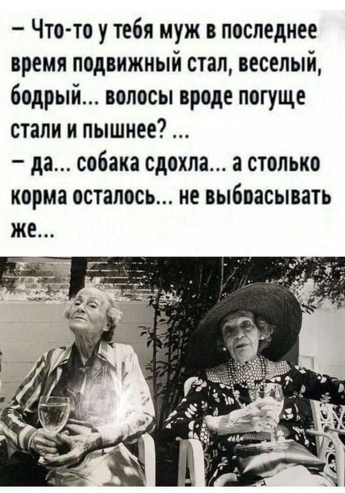 Что то у тебя муж в последнее время подвижный стал веселый бодрый волосы вроде погуще стали и пышнее да собака сдохла а столько корма осталось не выбоасывать