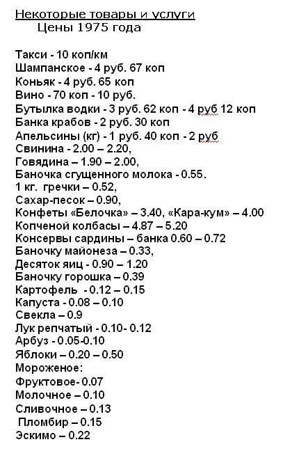 НЕКОТОЕЬЯЁ ТОНЭЕЬ И УСЛУГИ Цены 1975 года Такси 10 копікм Шампанское 4 руб 67 коп Коньяк 4 руб 65 коп Вино 70 коп 10 руб Бутылка водки 3 руб 62 коп 4 ву 12 коп Банка крабов 2 руб 30 коп Апельсины кг 1 руб 40 коп 2 ву Свинина 200 220 Говядина 190 200 Баночка сгущенного молока 055 1 кг гречки 052 Сахар песок 090 Конфеты Белочка ЗАО Кара кум 400 Копченои колбасы 487 520 Консервы сардины банка 060 072