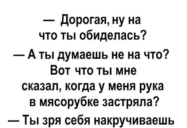 Дорогая ну на что ты обиделась А ты думаешь не на что Вот что ты мне сказал когда у меня рука в мясорубке застряла Ты зря себя накручиваешь