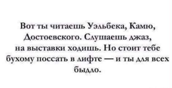 Вот ты читаешь Уэльбека Камю Аосгмвского САушясшь джип на выставки ходишь Но сюит тебя бухому посеять в лифте и ты мя всех бымо