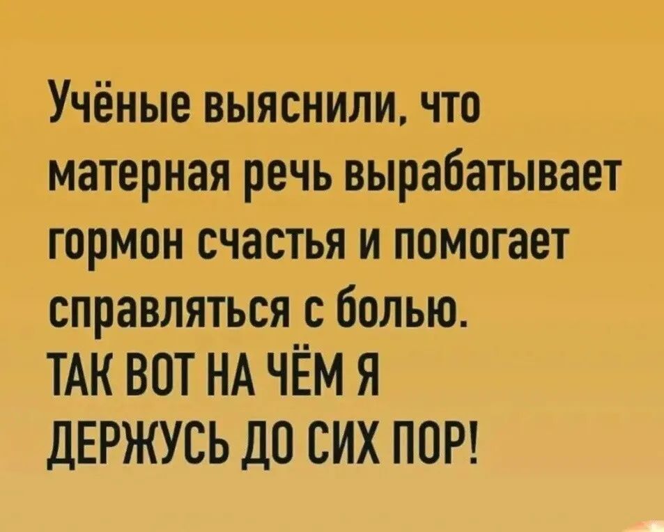 Учёные выяснили что матерная речь вырабатывает гормон счастья и помогает справляться с болью ТАК ВОТ НА ЧЁМ Я ДЕРЖУСЬ ДО СИХ ПОР