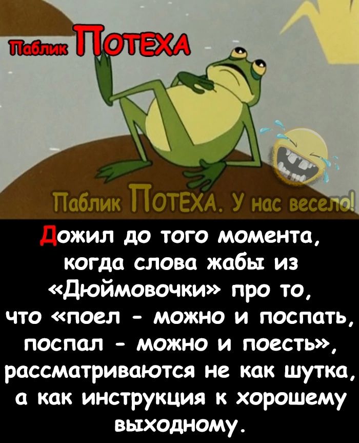 ожил до того момента когда слова жабы из Дюймовочки про то что поел можно и поспать поспал можно и поесть рассматриваются не как шутка а как инструкция к хорошему выходному