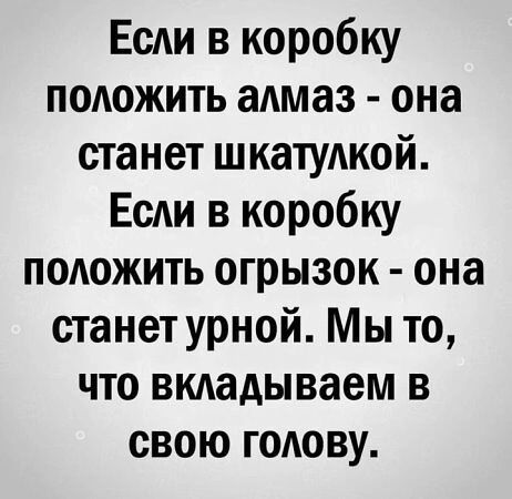 Если в коробку положить алмаз она станет шкатулкой Если в коробку положить огрызок она станет урной Мы то что вкладываем в свою голову