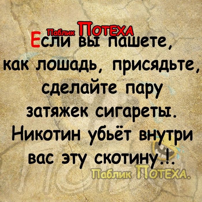 Естете как лошадь присядьте сделайте пару затяжек сигареты Никотин убьёт внутри вас эту скотину ПТаблик НО