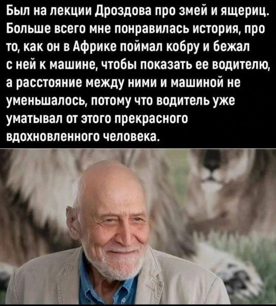 Был на лекции Дроздова про змей и ящериц Больше всего мне понравилась история про то как он в Африке поймал кобру и бежал сней к машине чтобы показать ее водителю а расстояние между ними и машиной не уменьшалось потому что водитель уже уматывал от этого прекрасного вдохновленного человека