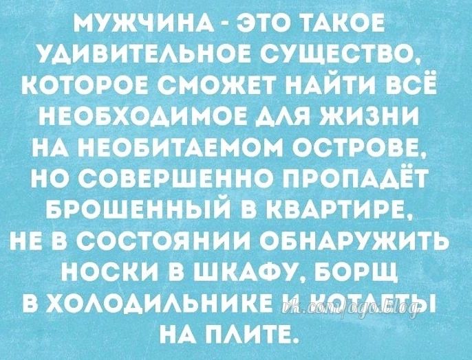МУЖЧИНА Это ТАКОЕ В УАИВИТЕАЬНОЕ СУЩЕСТВО РОЕ МОЖЕТ НАИТИ ВСЕ НА НЕОБИТАЕМОМ ОСТРОВЕ НО СОВЕРШЕННО ПРОПААЕТ БРОШЕННЫИ В КВАРТИРЕ НЕВ СОСТОЯНИИ ОБНАРУЖИТЬ носки В ШКАФУ БОРЩ ХОАОАИАЬНИКЕ и ОТ_Ъ_ЕТЫ НА ПЛИТЕ
