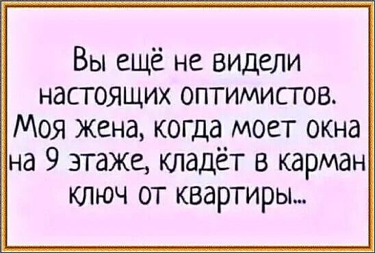 Вы ещё не видели настоящих оптимистов Моя жена когда моет окна на 9 этаже кладёт в карман ключ от квартиры