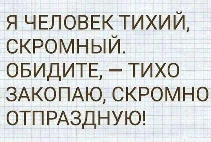 Я ЧЕЛОВЕК ТИХИЙ СКРОМНЫЙ ОБИДИТЕ ТИХО ЗАКОПАЮ СКРОМНО ОТПРАЗДНУЮ