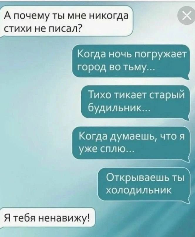 Апочему ты мне никогда стихи не писал Когда ночь погружает город во тьму Тихо тикает старый будильник Когда думаешь что я уже сплю Открываешь ты холодильниИК Я тебя ненавижу