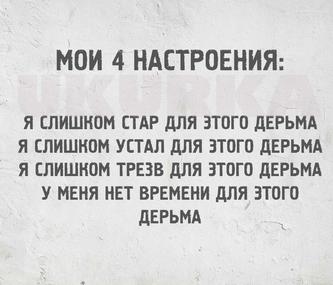 МОИ 4 НАСТРОЕНИЯ Я СЛИШКОМ СТАР ДЛЯ ЭТОГО ДЕРЬМА Я СЛИШКОМ УСТАЛ ДЛЯ ЭТОГО ДЕРЬМА Я СЛИШКОМ ТРЕЗВ ДЛЯ ЭТОГО ДЕРЬМА У МЕНЯ НЕТ ВРЕМЕНИ ДЛЯ ЭТОГО ДЕРЬМА