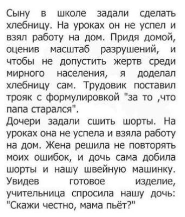 Сыну в школе задали сделать хлебницу На уроках он не успел и взял работу на дом Придя домой оценив масштаб разрушений и чтобы не допустить жертв среди мирного населения я доделал хлебницу сам Трудовик поставил трояк с формулировкой за то что папа старался Дочери задали сшить шорты На уроках она не успела и взяла работу на дом Жена решила не повторя