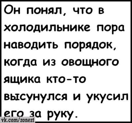 Он понял что в холодильнике пора наводить порядок когда из ОВОЩНОГО ящика кто то высунулся и укусил него за руку