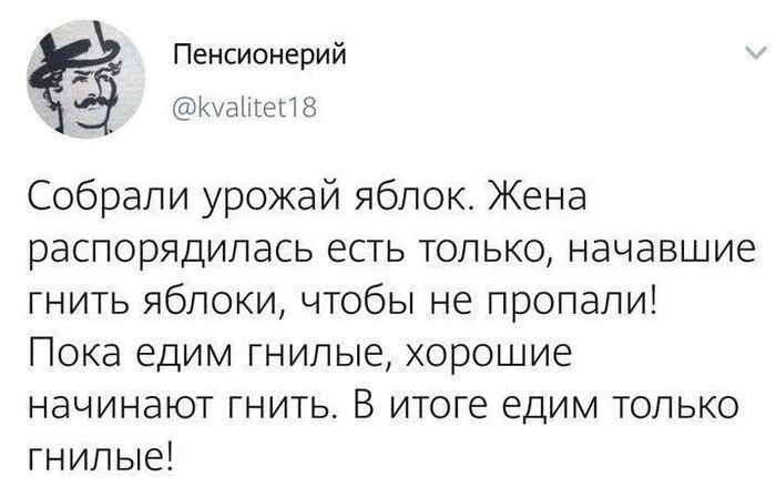 Пенсионерий Куае 8 Собрали урожай яблок Жена распорядилась есть только начавшие гнить яблоки чтобы не пропали Пока едим гнилые хорошие начинают гнить В итоге едим только гнилые