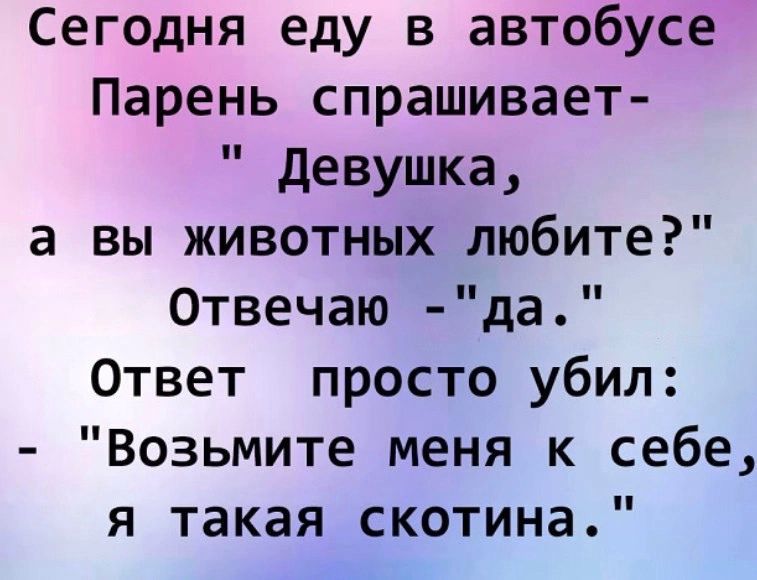Сегодня еду в автобусе Парень спрашивает Девушка а вы животных любите Отвечаю да Ответ просто убил Возьмите меня к себе я такая скотина