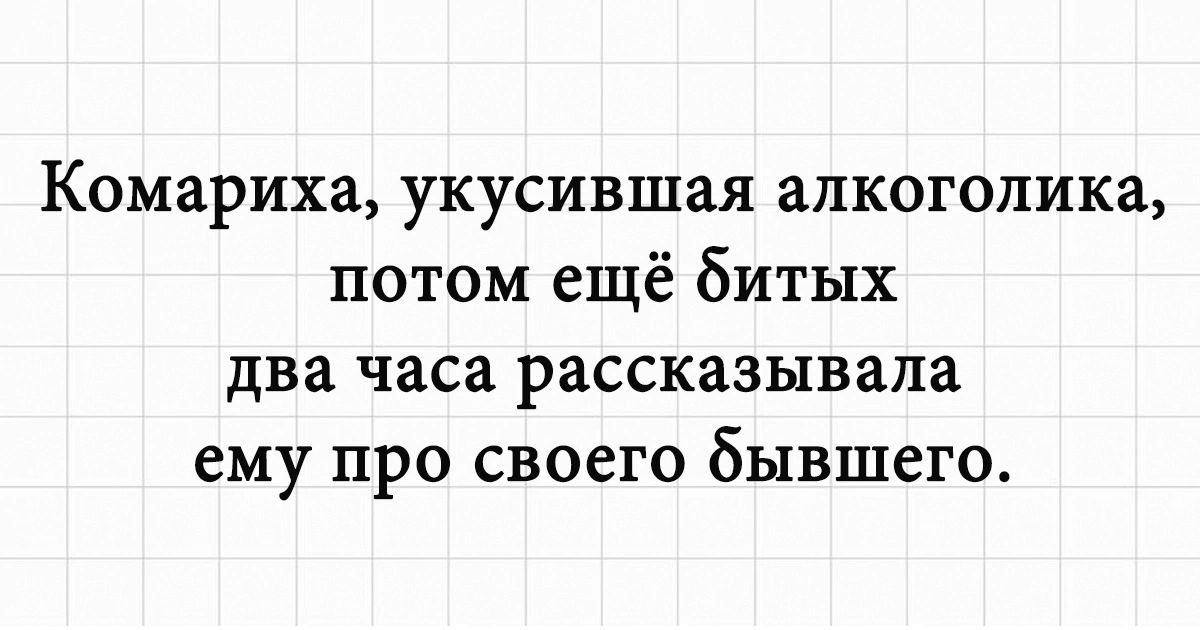 Комариха укусившая алкоголика потом ещё битых два часа рассказывала ему про своего бывшего