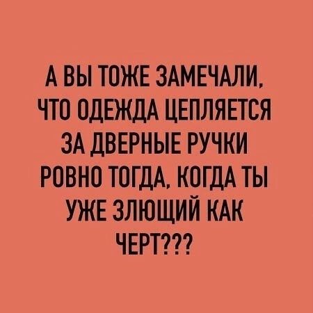 АВЫ ТОЖЕ ЗАМЕЧАЛИ ЧТО ОДЕЖДА ЦЕПЛЯЕТСЯ ЗА ДВЕРНЫЕ РУЧКИ РОВНО ТОГДА КОГДА ТЫ УЖЕ ЗЛЮЩИЙ КАК ЧЕРТ