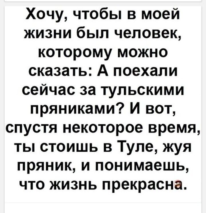 Хочу чтобы в моей жизни был человек которому можно сказать А поехали сейчас за тульскими пряниками И вот спустя некоторое время ты стоишь в Туле жуя пряник и понимаешь что жизнь прекрасна