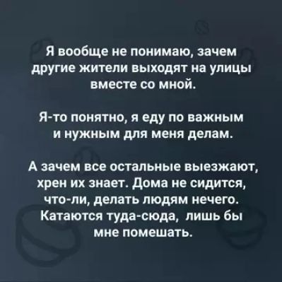 я ВВОбЩЕ не понимаю зачем другие жители выходят на улицы вместе со мной Я то понятно я еду по важным и нужным для меня делам А зачем все остальные выезжают хрен их знает дома не сидится что ли делать людям нечего Катаются туда сюда лишь бы мне помешать