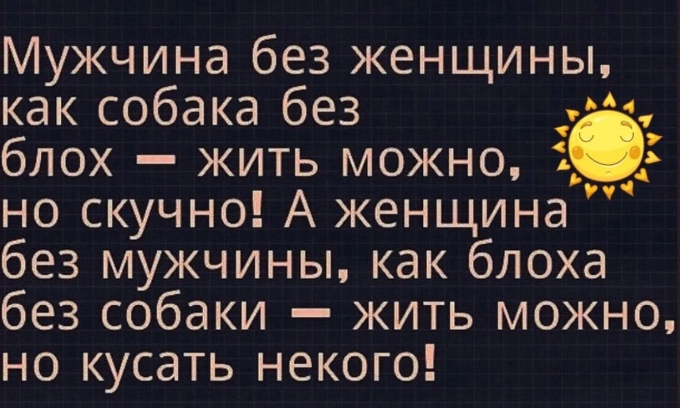 Мужчина без женщины как собака без ай блох жить можно 1_ но скучно А женщина без мужчины как блоха без собаки жить можно но кусать некого