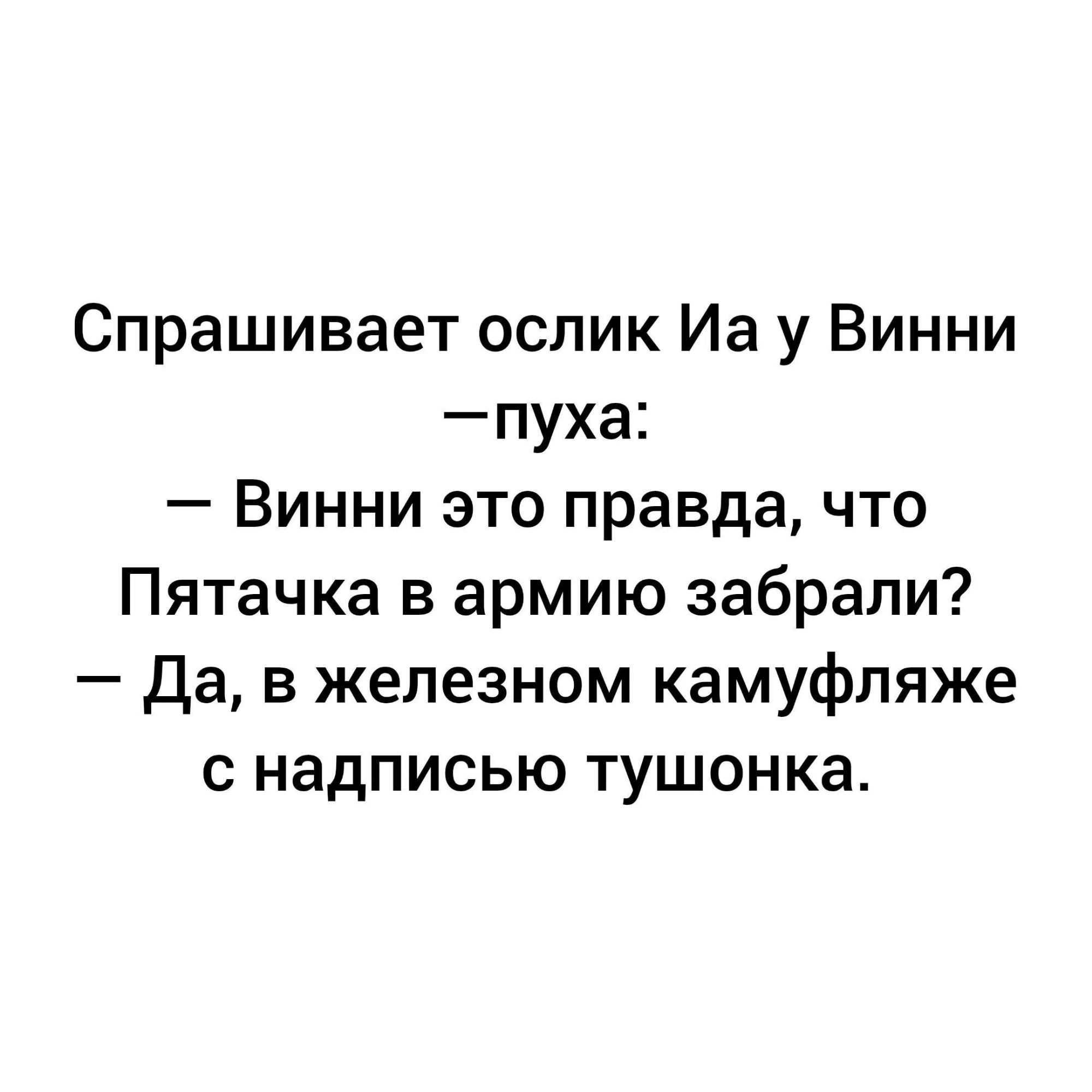 Спрашивает ослик Иа у Винни пуха Винни это правда что Пятачка в армию забрали Да в железном камуфляже с надписью тушонка