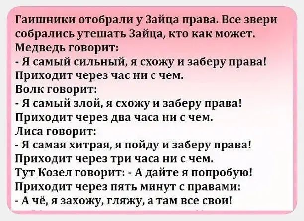Гаишники отобрали у Зайца права Все звери собрались утешать Зайца кто как может Медведь говорит Я самый сильный я схожу и заберу права Приходит через час ни с чем Волк говорит Я самый злой я схожу и заберу права Приходит через два часа ни счем Лиса говорит Я самая хитрая я пойду и заберу права Приходит через три часа ни с чем тТут Козел говорит А д