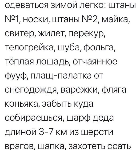 одеваться зимой легко штаны 7 носки штаны 2 майка свитер жилет перекур телогрейка шуба фольга тёплая лошадь отчаянное Фууф плащ палатка от снегодождя варежки фляга коньяка забыть куда собираешься шарф деда длиной 3 7 км из шерсти врагов шапка захотеть ссать
