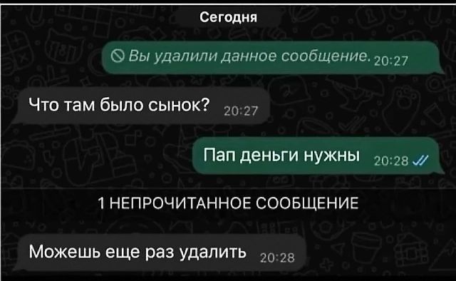 Сегодня Что там было сынок 027 Пап деньги 1 НЕПРОЧИТАННОЕ СООБЩЕНИЕ Можешь еще раз удалить 02в