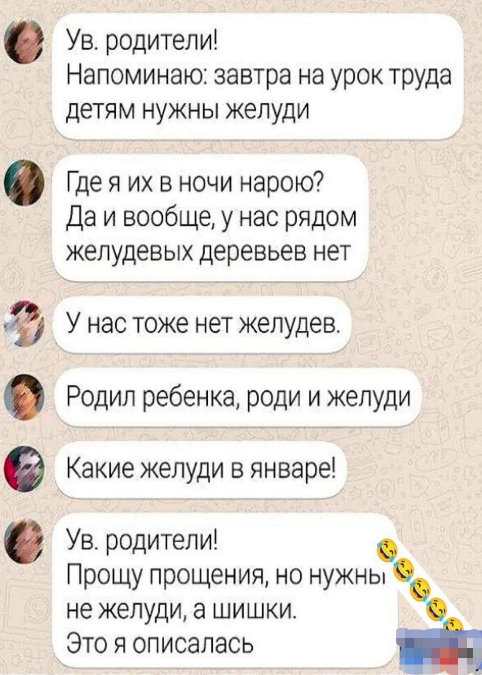 с оее Ув родители Напоминаю завтра на урок труда детям нужны желуди Где я их в ночи нарою Даи вообще у нас рядом желудевых деревьев нет У нас тоже нет желудев Родил ребенка роди и желуди Какие желуди в январе Ув родители Прощу прощения но нужны не желуди а шишки Это я описалась