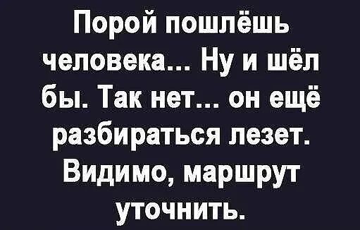 Порой пошлёшь человека Ну и шёл бы Так нет он ещё разбираться лезет Видимо маршрут уточнить