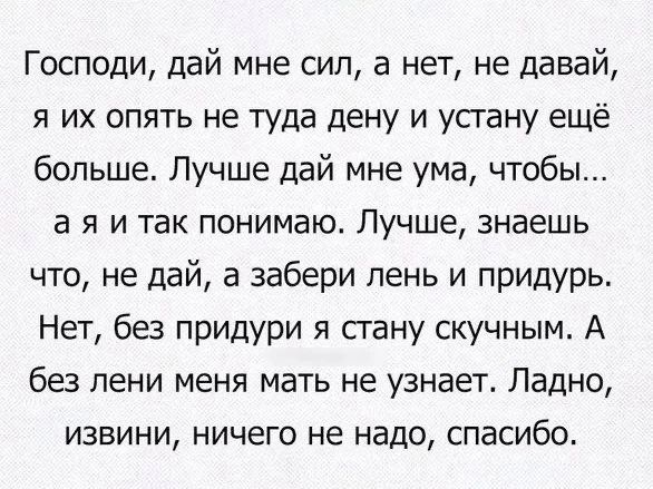 Господи дай мне сил а нет не давай я их опять не туда дену и устану ещё больше Лучше дай мне ума чтобы аяитак понимаю Лучше знаешь что не дай а забери лень и придурь Нет без придури я стану скучным А без лени меня мать не узнает Ладно извини ничего не надо спасибо