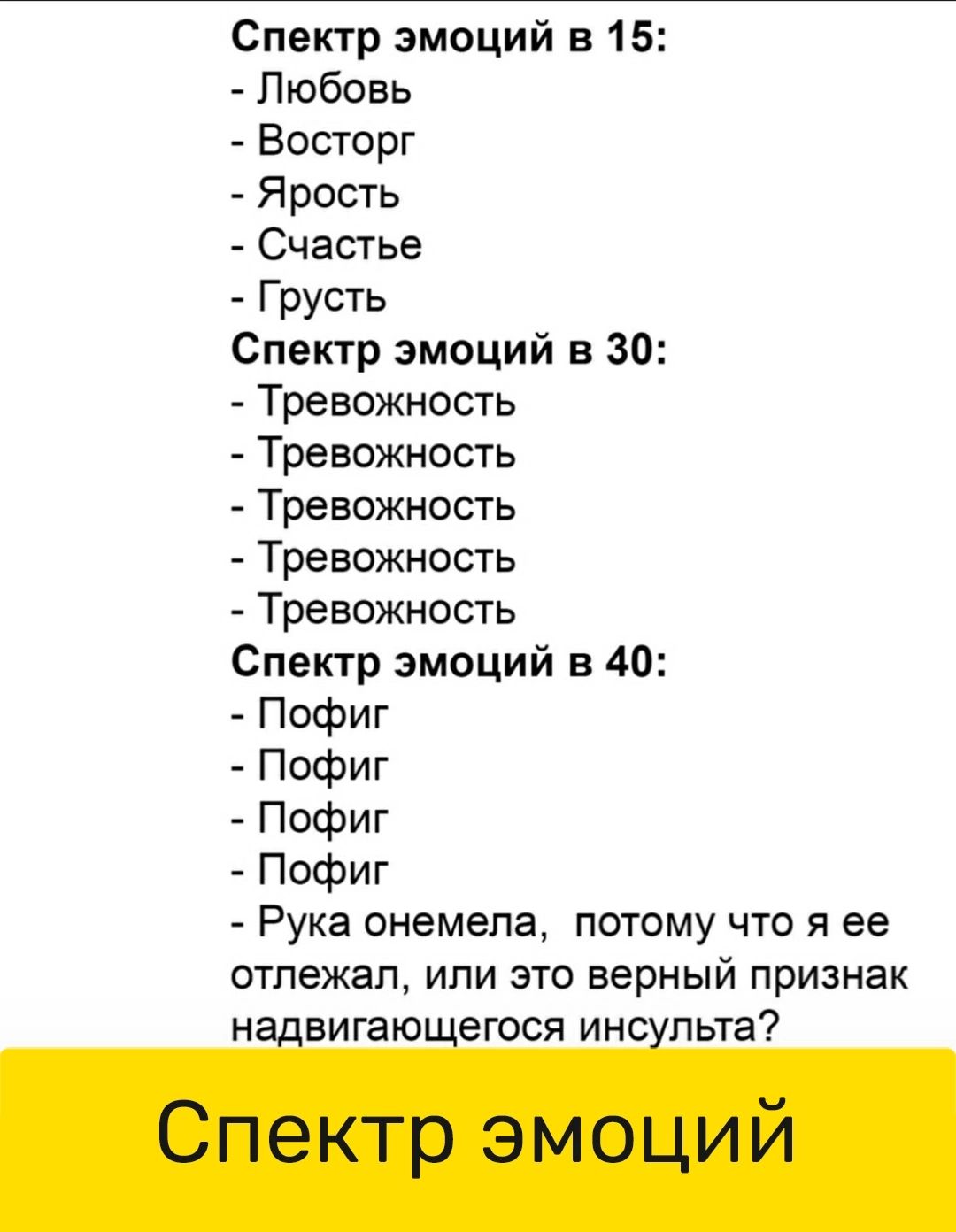 Спектр эмоций в 15 Любовь Восторг Ярость Счастье Грусть Спектр эмоций в 30 Тревожность Тревожность Тревожность Тревожность Тревожность Спектр эмоций в 40 Пофиг Пофиг Пофиг Пофиг Рука онемела потому что я ее отлежал или это верный признак надвигающегося инсульта