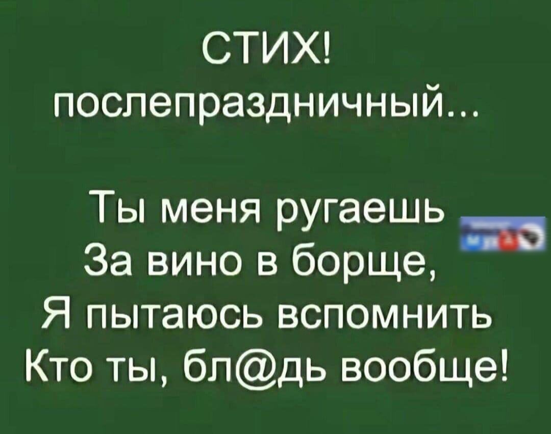 СТИХ послепраздничный Ты меня ругаешь РУГеЗГ е ажа За вино в борще Я пытаюсь вспомнить Кто ты блдь вообще