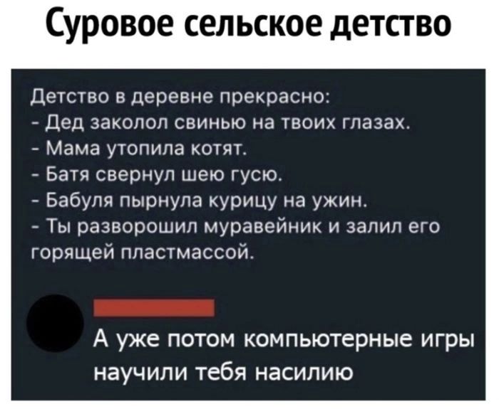 Суровое сельское детство Детство в деревне прекрасно Дед заколол свинью на твоих глазах Мама утопила котят Батя свернул шею гусю Бабуля пырнула курицу на ужин Ты разворошил муравейник и залил его горящей пластмассой А уже потом компьютерные игры научили тебя насилию