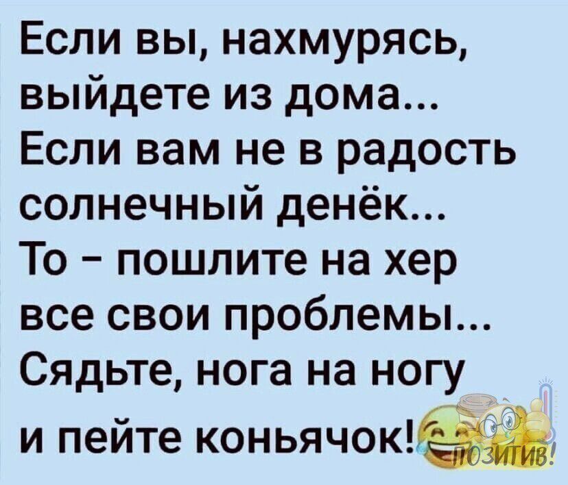 Если вы нахмурясь выйдете из дома Если вам не в радость солнечный денёк То пошлите на хер все свои проблемы Сядьте нога на ногу и пейте коньячок5 у